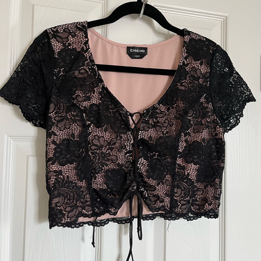 Bebe Black Lace over nude liner Women Crop Top lace up front Size L